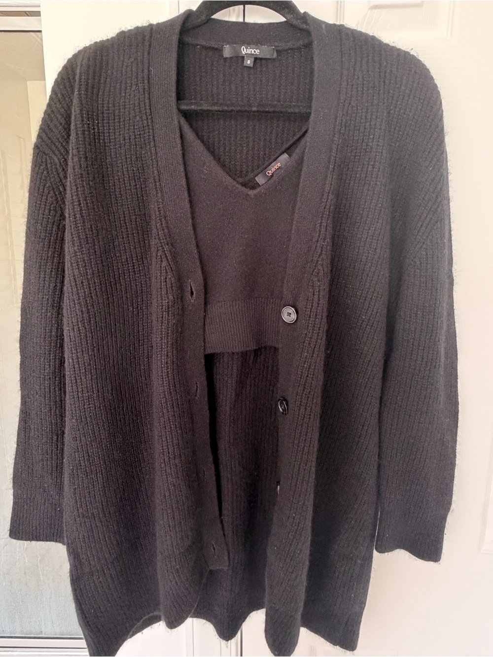 Quince Women's Cashmere Black Ribbed Button-Front Cardigan Set